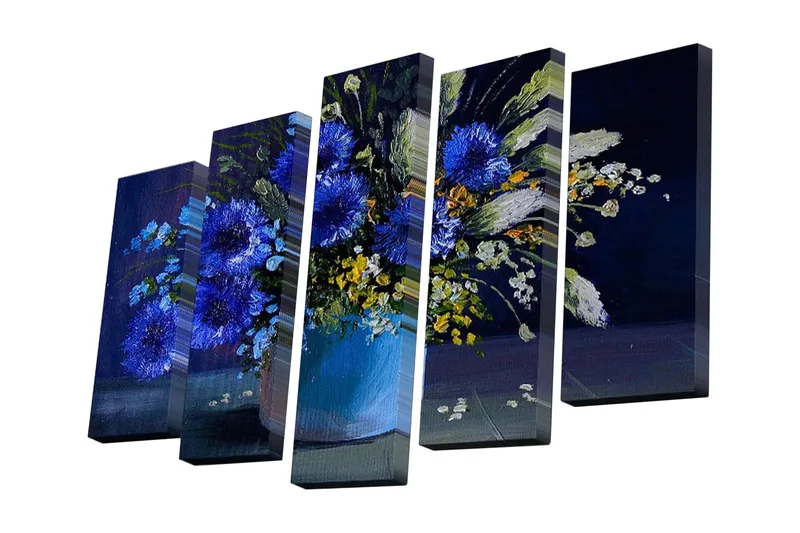 Lærredstryk i 5 dele 82x50 cm - Farverig blomsterbuket i en blå vase - Blå / Grøn / Gul - Boligtilbehør - Billeder & kunst - Billeder på lærred