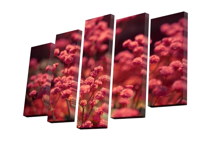 Lærredstryk i 5 dele 82x50 cm - Farverig blomsterkomposition med lyserøde blomster - Lyserød / Grøn - Boligtilbehør - Billeder & kunst - Billeder på lærred