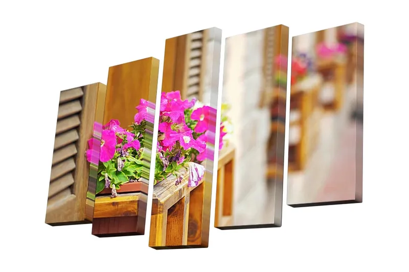 Lærredstryk i 5 dele 82x50 cm - Farverigt blomsterarrangement i vinduesrammer - Lyserød / Grøn / Brun - Boligtilbehør - Billeder & kunst - Billeder på lærred