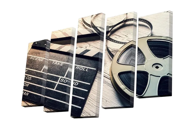 Lærredstryk i 5 dele 82x50 cm - Klapperbræt og filmrulle i nostalgisk stil - Sort / Grå / Beige - Boligtilbehør - Billeder & kunst - Billeder på lærred
