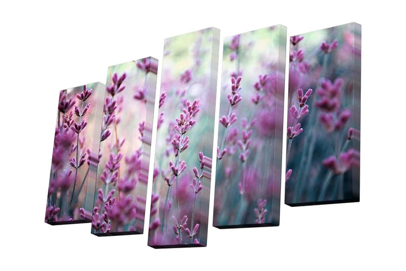 Lærredstryk i 5 dele 82x50 cm - Lilla lavendelblomster i en harmonisk komposition - Lilla / Grøn / Blå - Boligtilbehør - Billeder & kunst - Billeder på lærred
