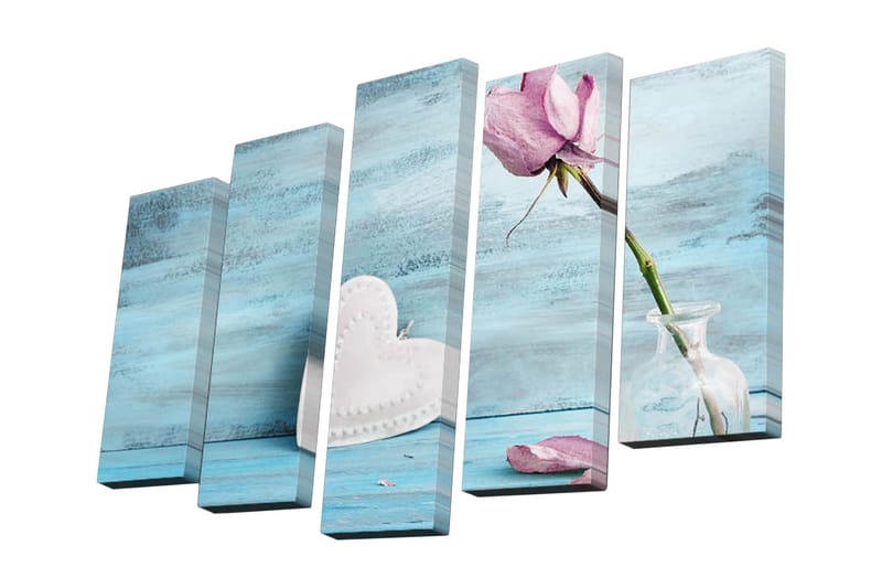 Lærredstryk i 5 dele 82x50 cm - Lyserød blomst i glasvase på blå baggrund - Blå / Lyserød / Hvid - Boligtilbehør - Billeder & kunst - Billeder på lærred