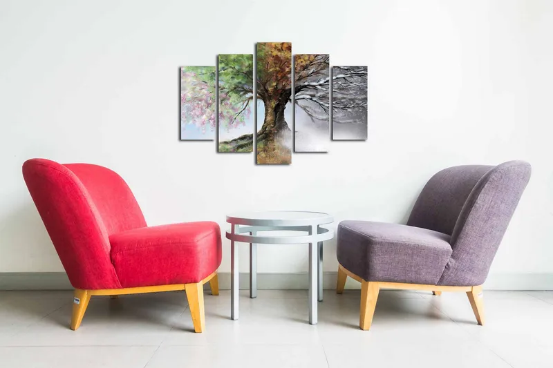 Lærredstryk i 5 dele 82x50 cm - Maleri i fire dele med et træ, der skifter mellem årstiderne - Grøn / Brun / Hvid - Boligtilbehør - Billeder & kunst - Billeder på lærred