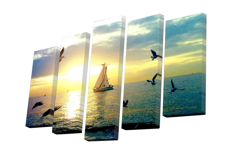 Lærredstryk i 5 dele 82x50 cm - Sejlbåd på havet ved solnedgang - Guld / Blå / Hvid - Boligtilbehør - Billeder & kunst - Billeder på lærred