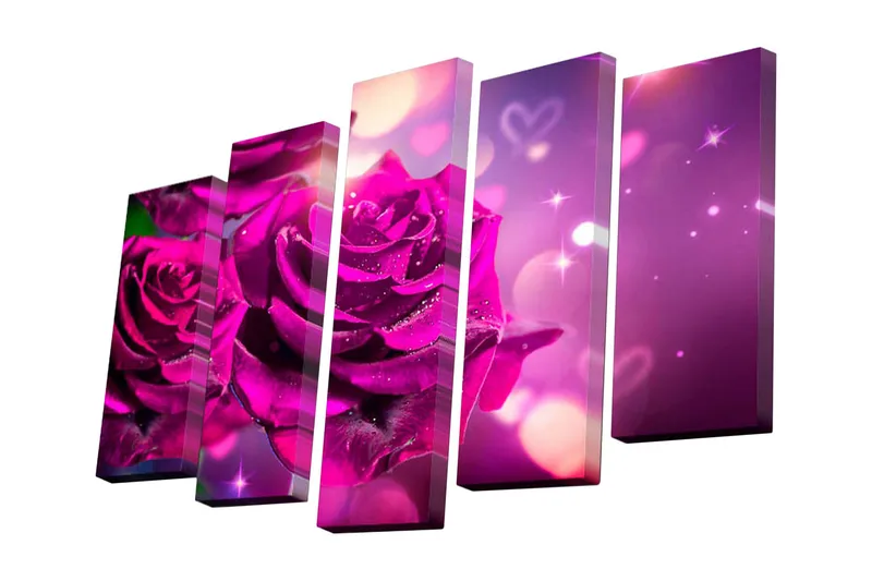 Lærredstryk i 5 dele 82x50 cm - Smukke lyserøde blomster med glitrende detaljer - Lilla / Lyserød / Grøn - Boligtilbehør - Billeder & kunst - Billeder på lærred
