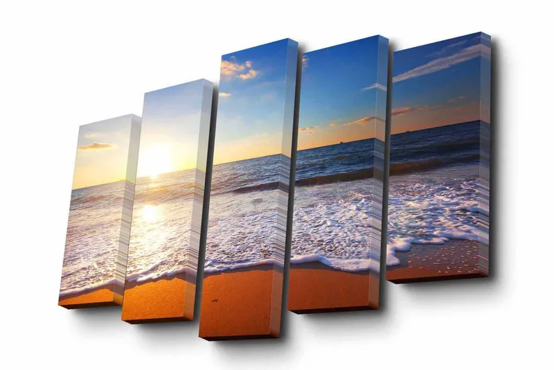 Lærredstryk i 5 dele 82x50 cm - Solnedgang over havet med bløde bølger, der ruller ind mod kysten - Blå / Orange / Hvid - Boligtilbehør - Billeder & kunst - Billeder på lærred