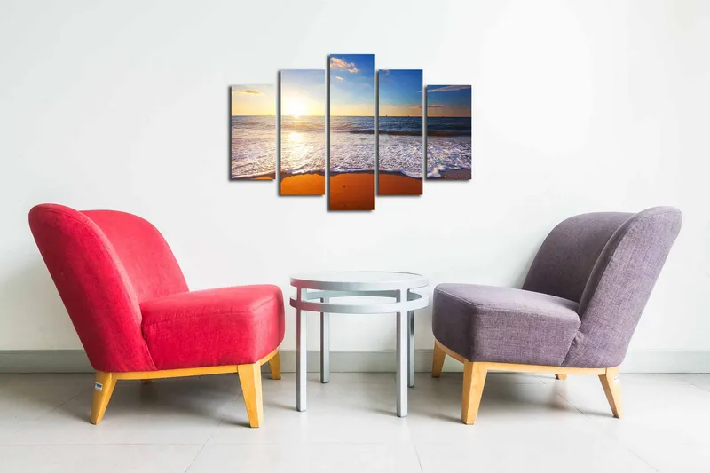 Lærredstryk i 5 dele 82x50 cm - Solnedgang over havet med bløde bølger, der ruller ind mod kysten - Blå / Orange / Hvid - Boligtilbehør - Billeder & kunst - Billeder på lærred