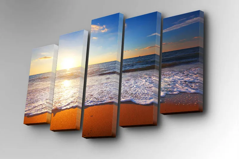 Lærredstryk i 5 dele 82x50 cm - Solnedgang over havet med bløde bølger, der ruller ind mod kysten - Blå / Orange / Hvid - Boligtilbehør - Billeder & kunst - Billeder på lærred