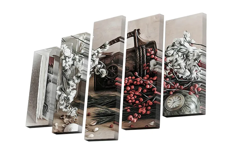 Lærredstryk i 5 dele 82x50 cm - Stilhed med blomster og et gammelt ur - Hvid / Rød / Brun - Boligtilbehør - Billeder & kunst - Billeder på lærred