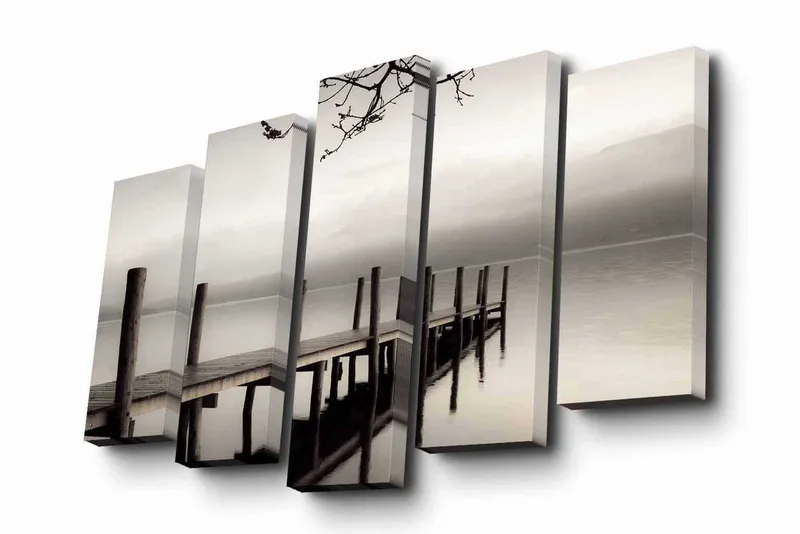 Lærredstryk i 5 dele 82x50 cm - Stilhed ved en mole i tåge - Grå / Sort / Hvid - Boligtilbehør - Billeder & kunst - Billeder på lærred