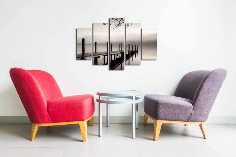 Lærredstryk i 5 dele 82x50 cm - Stilhed ved en mole i tåge - Grå / Sort / Hvid - Boligtilbehør - Billeder & kunst - Billeder på lærred