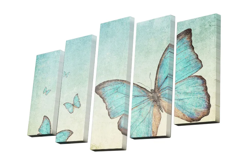 Lærredstryk i 5 dele 82x50 cm - Store sommerfugle i forskellige blå nuancer - Blå / Turkis - Boligtilbehør - Billeder & kunst - Billeder på lærred
