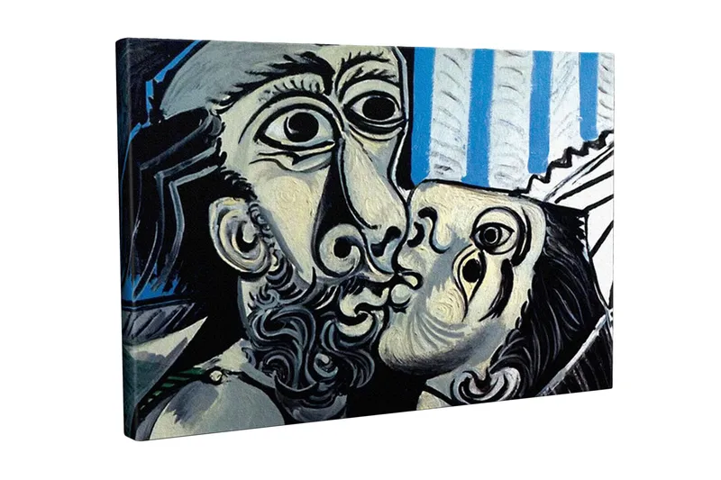 Lærredstryk - Lidenskabeligt møde mellem to ansigter, Sort / Hvid / Blå