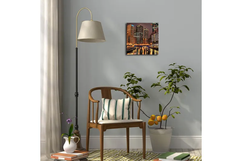 Lærredstryk med LED-belysning 28x28 cm - Byens skyline med oplyste skyskrabere ved vandkanten - Guld / Blå / Sort - Boligtilbehør - Billeder & kunst - Billeder på lærred