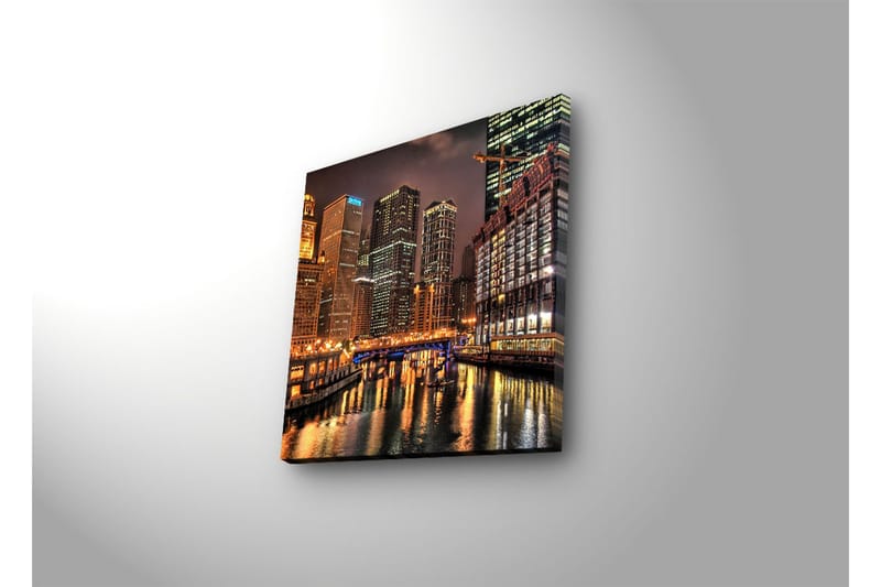 Lærredstryk med LED-belysning 28x28 cm - Byens skyline med oplyste skyskrabere ved vandkanten - Guld / Blå / Sort - Boligtilbehør - Billeder & kunst - Billeder på lærred