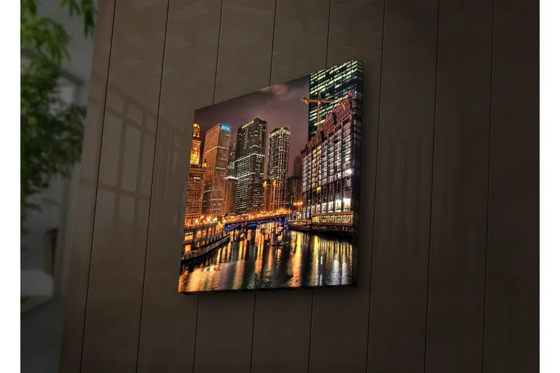 Lærredstryk med LED-belysning 28x28 cm - Byens skyline med oplyste skyskrabere ved vandkanten - Guld / Blå / Sort - Boligtilbehør - Billeder & kunst - Billeder på lærred