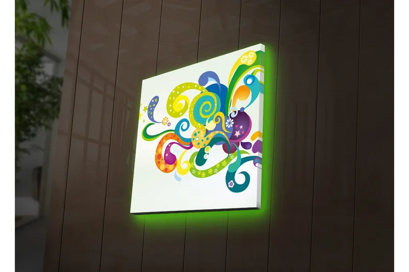 Lærredstryk med LED-belysning 28x28 cm - Farverig abstrakt komposition med svingende former og spiraler - Grøn / Lilla / Gul - Boligtilbehør - Billeder & kunst - Billeder på lærred