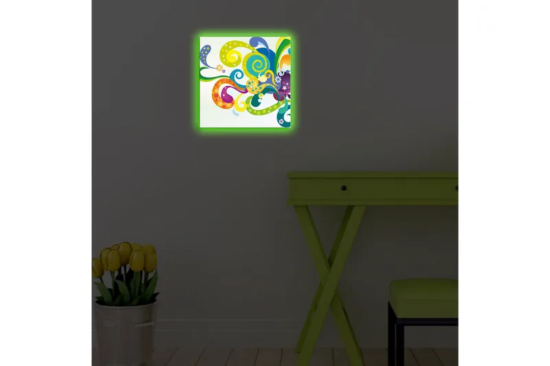 Lærredstryk med LED-belysning 28x28 cm - Farverig abstrakt komposition med svingende former og spiraler - Grøn / Lilla / Gul - Boligtilbehør - Billeder & kunst - Billeder på lærred