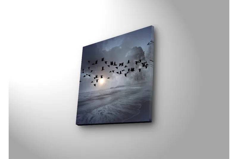 Lærredstryk med LED-belysning 28x28 cm - Flok fugle, der flyver over et tåget havlandskab - Mørkeblå / Grå / Hvid - Boligtilbehør - Billeder & kunst - Billeder på lærred