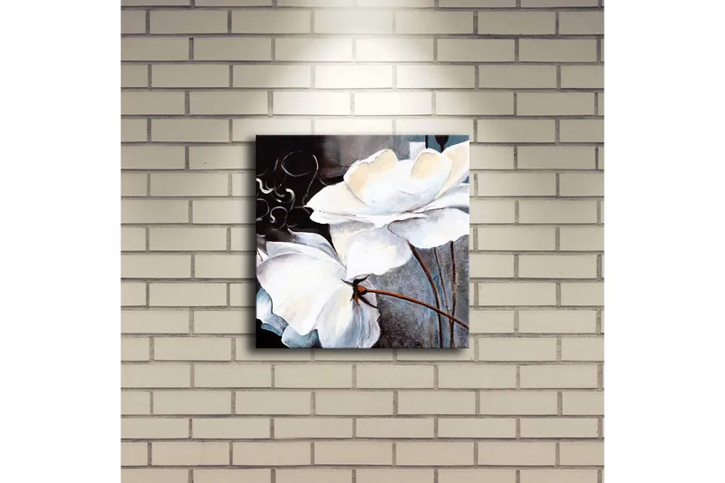 Lærredstryk med LED-belysning 28x28 cm - Hvide blomster med elegante detaljer - Hvid / Grå / Brun - Boligtilbehør - Billeder & kunst - Billeder på lærred
