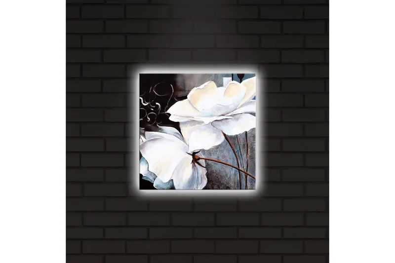 Lærredstryk med LED-belysning 28x28 cm - Hvide blomster med elegante detaljer - Hvid / Grå / Brun - Boligtilbehør - Billeder & kunst - Billeder på lærred