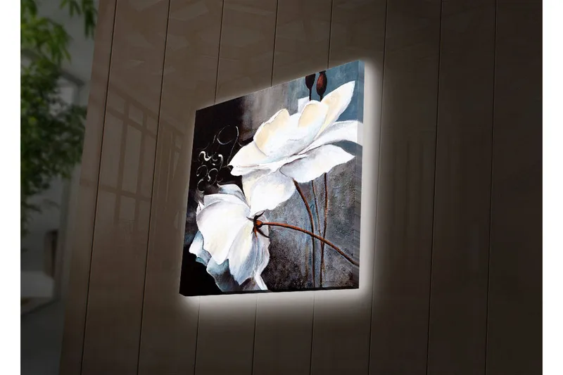 Lærredstryk med LED-belysning 28x28 cm - Hvide blomster med elegante detaljer, Hvid / Grå / Brun