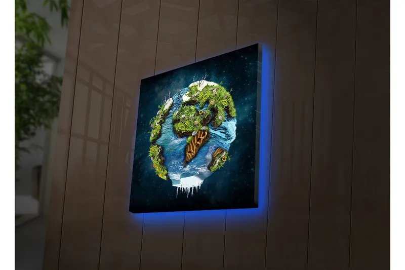 Lærredstryk med LED-belysning 28x28 cm - Jorden med frodige landskaber og vandoverflader, Grøn / Blå / Brun