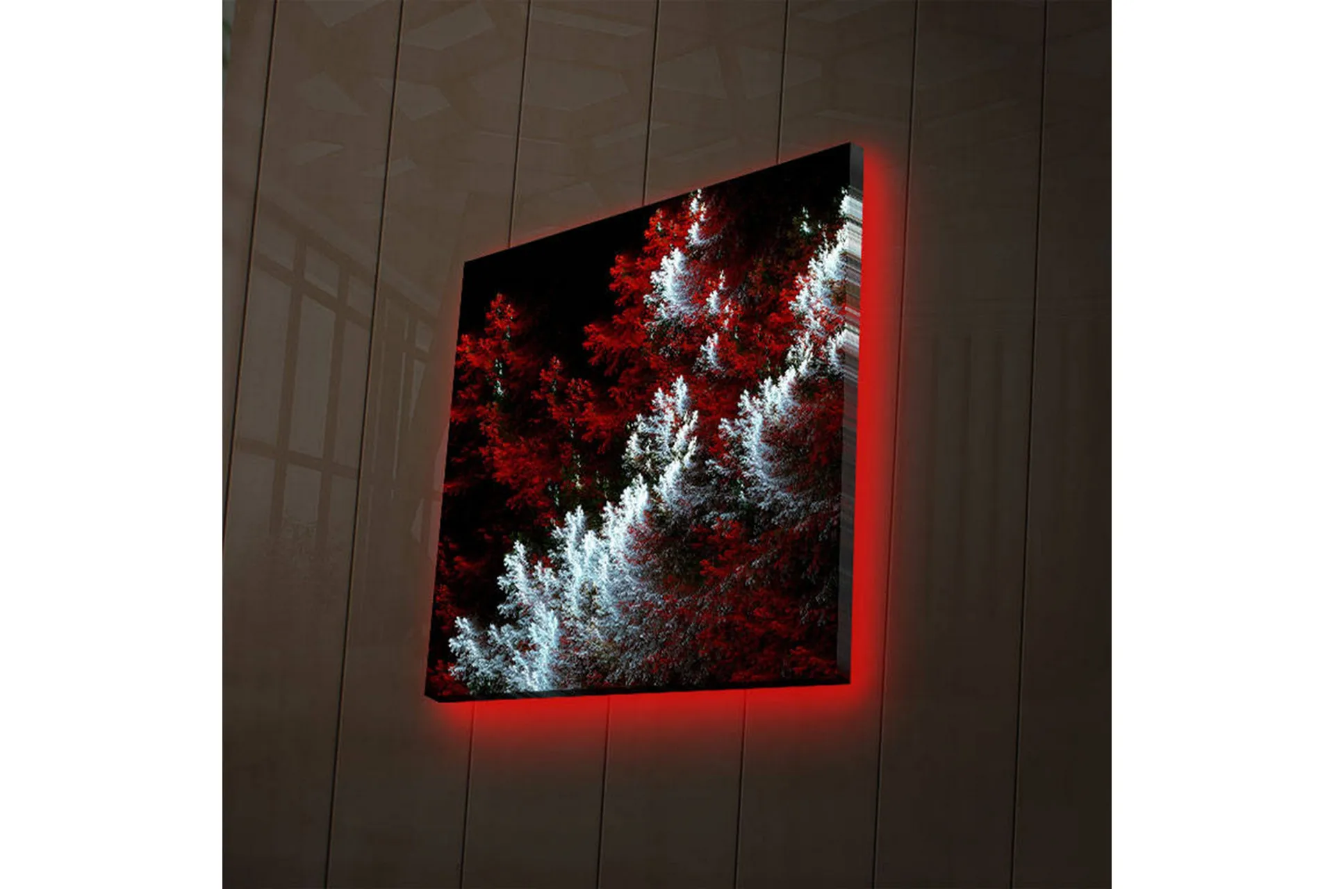 Lærredstryk med LED-belysning 28x28 cm - Lys og mørk skov med røde og ...