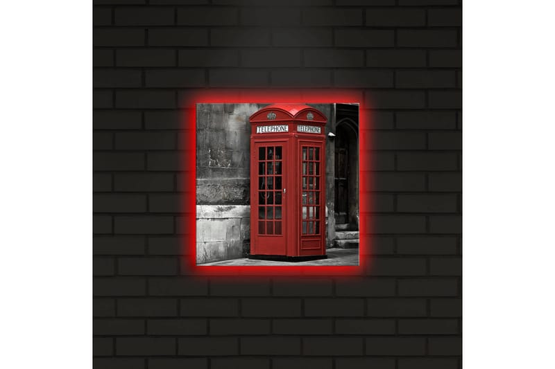 Lærredstryk med LED-belysning 28x28 cm - Rød telefonboks mod en sort-hvid baggrund - Rød / Grå / Sort - Boligtilbehør - Billeder & kunst - Billeder på lærred