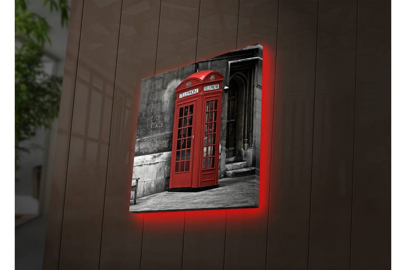 Lærredstryk med LED-belysning 28x28 cm - Rød telefonboks mod en sort-hvid baggrund - Rød / Grå / Sort - Boligtilbehør - Billeder & kunst - Billeder på lærred