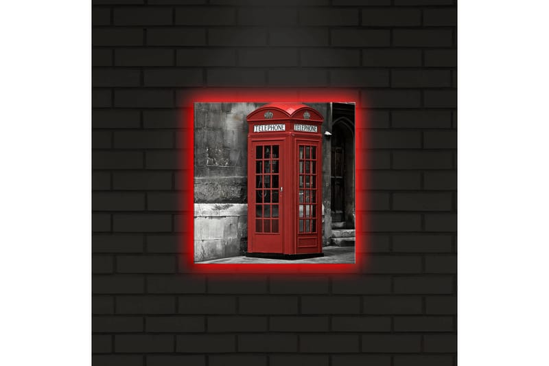 Lærredstryk med LED-belysning 28x28 cm - Rød telefonboks mod en sort-hvid baggrund - Rød / Grå / Sort - Boligtilbehør - Billeder & kunst - Billeder på lærred