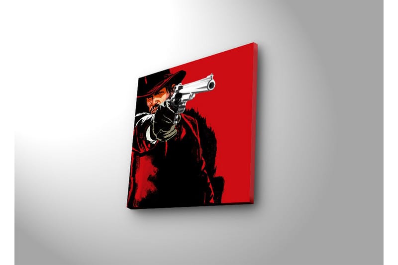 Lærredstryk med LED-belysning 28x28 cm - Skarpt portræt af en revolvermand med en pistol i hånden - Rød / Sort - Boligtilbehør - Billeder & kunst - Billeder på lærred