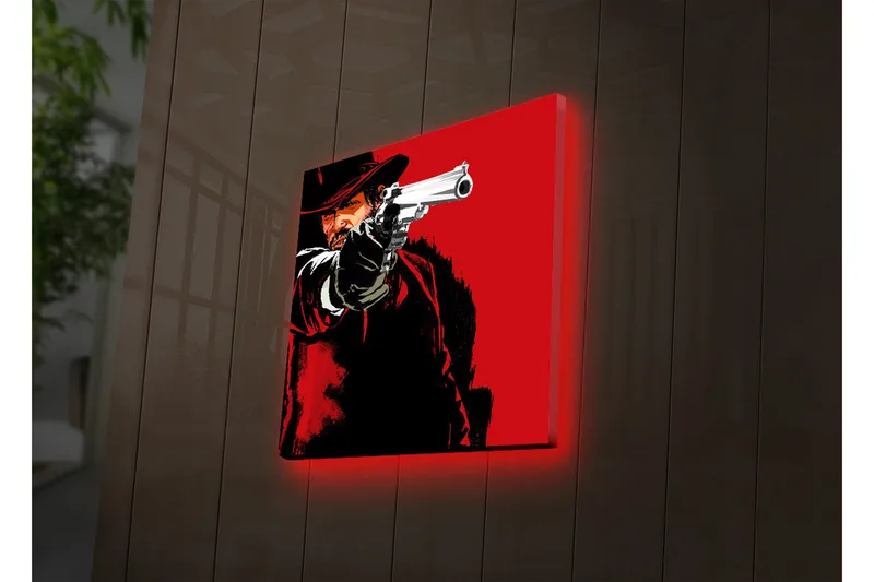 Lærredstryk med LED-belysning 28x28 cm - Skarpt portræt af en revolvermand med en pistol i hånden, Rød / Sort