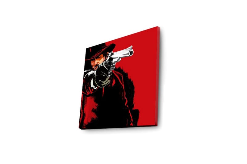 Lærredstryk med LED-belysning 28x28 cm - Skarpt portræt af en revolvermand med en pistol i hånden - Rød / Sort - Boligtilbehør - Billeder & kunst - Billeder på lærred