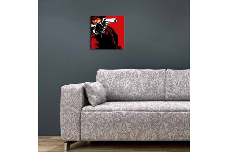 Lærredstryk med LED-belysning 28x28 cm - Skarpt portræt af en revolvermand med en pistol i hånden - Rød / Sort - Boligtilbehør - Billeder & kunst - Billeder på lærred