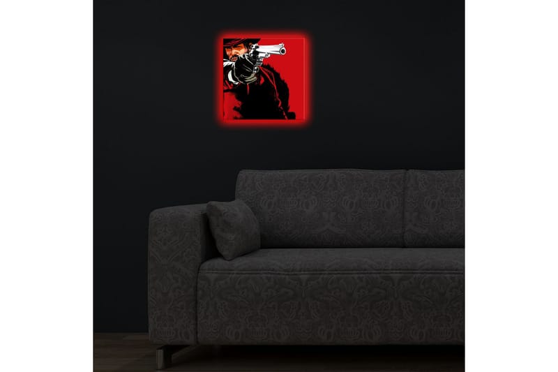 Lærredstryk med LED-belysning 28x28 cm - Skarpt portræt af en revolvermand med en pistol i hånden - Rød / Sort - Boligtilbehør - Billeder & kunst - Billeder på lærred