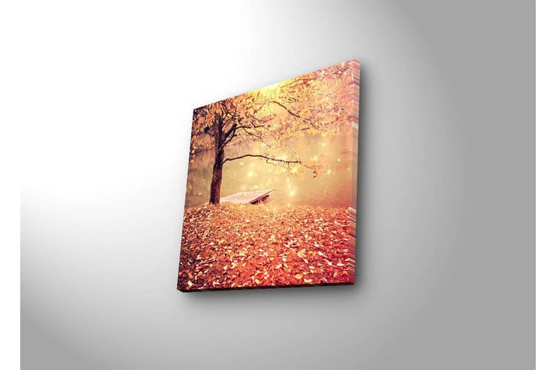 Lærredstryk med LED-belysning 28x28 cm - Smukt efterårsscene med et træ og en båd ved en spejlblank sø - Orange / Guld / Brun - Boligtilbehør - Billeder & kunst - Billeder på lærred