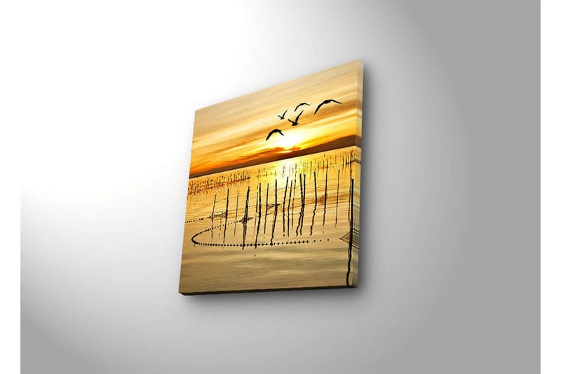 Lærredstryk med LED-belysning 28x28 cm - Solnedgang over roligt vand med fugle i flugt - Guld / Orange / Brun - Boligtilbehør - Billeder & kunst - Billeder på lærred