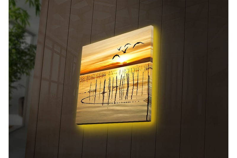 Lærredstryk med LED-belysning 28x28 cm - Solnedgang over roligt vand med fugle i flugt - Guld / Orange / Brun - Boligtilbehør - Billeder & kunst - Billeder på lærred