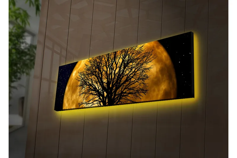 Lærredstryk med LED-belysning 30x90 cm - Atmosfærisk motiv af en måne bag en silhuet af et træ - Guld / Sort - Boligtilbehør - Billeder & kunst - Billeder på lærred