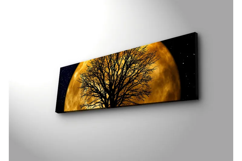 Lærredstryk med LED-belysning 30x90 cm - Atmosfærisk motiv af en måne bag en silhuet af et træ - Guld / Sort - Boligtilbehør - Billeder & kunst - Billeder på lærred