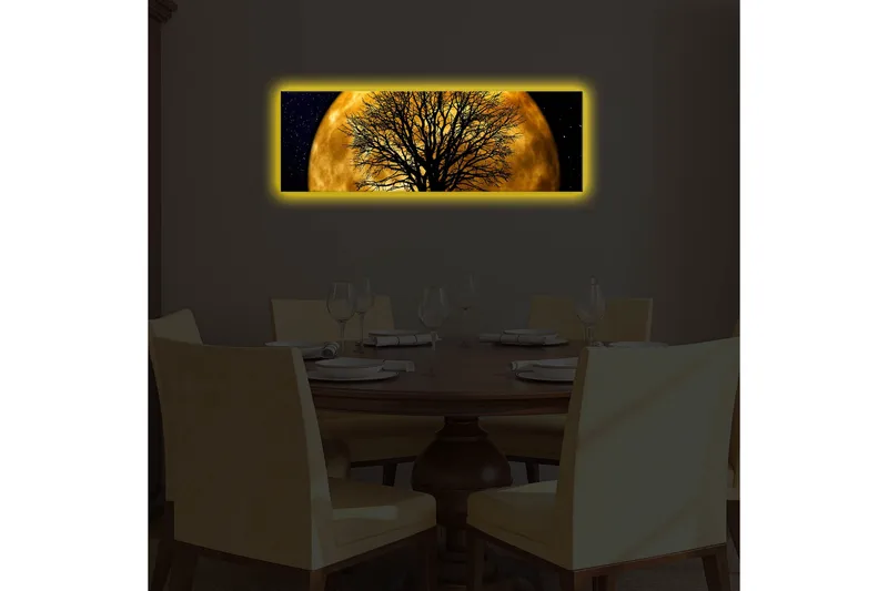Lærredstryk med LED-belysning 30x90 cm - Atmosfærisk motiv af en måne bag en silhuet af et træ - Guld / Sort - Boligtilbehør - Billeder & kunst - Billeder på lærred