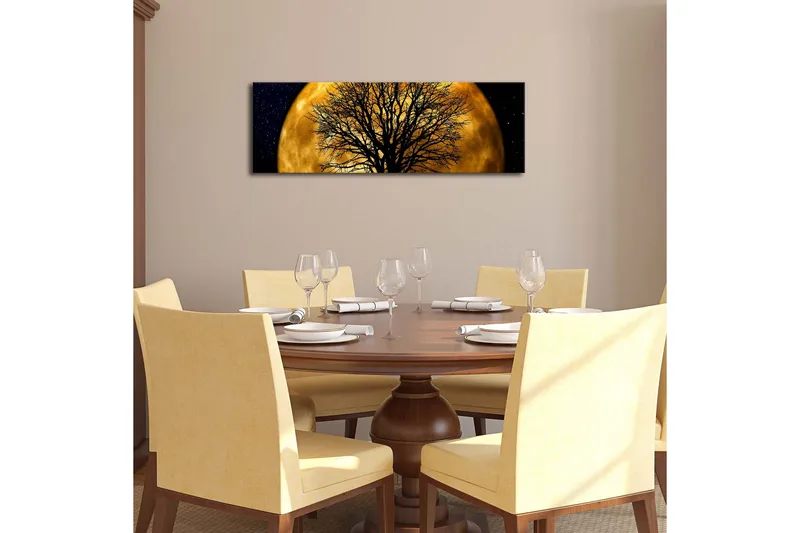 Lærredstryk med LED-belysning 30x90 cm - Atmosfærisk motiv af en måne bag en silhuet af et træ - Guld / Sort - Boligtilbehør - Billeder & kunst - Billeder på lærred