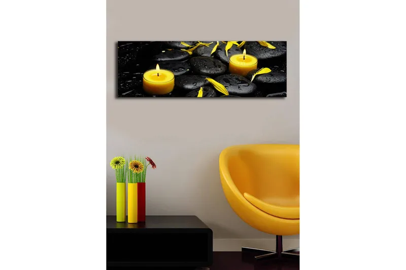 Lærredstryk med LED-belysning 30x90 cm - Beroligende komposition med sorte sten og brændende lys - Sort / Gul / Grå - Boligtilbehør - Billeder & kunst - Billeder på lærred
