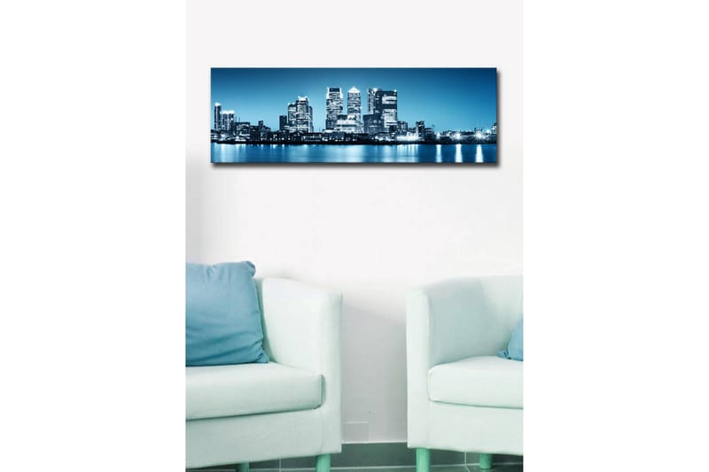Lærredstryk med LED-belysning 30x90 cm - Byens skyline med moderne skyskrabere ved vandkanten - Blå / Sort / Hvid - Boligtilbehør - Billeder & kunst - Billeder på lærred