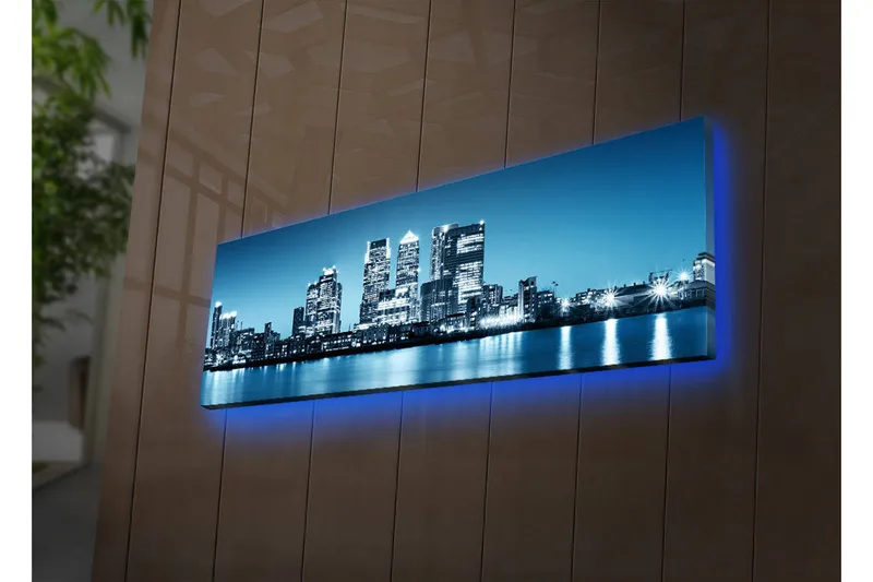 Lærredstryk med LED-belysning 30x90 cm - Byens skyline med moderne skyskrabere ved vandkanten, Blå / Sort / Hvid