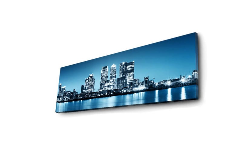 Lærredstryk med LED-belysning 30x90 cm - Byens skyline med moderne skyskrabere ved vandkanten - Blå / Sort / Hvid - Boligtilbehør - Billeder & kunst - Billeder på lærred