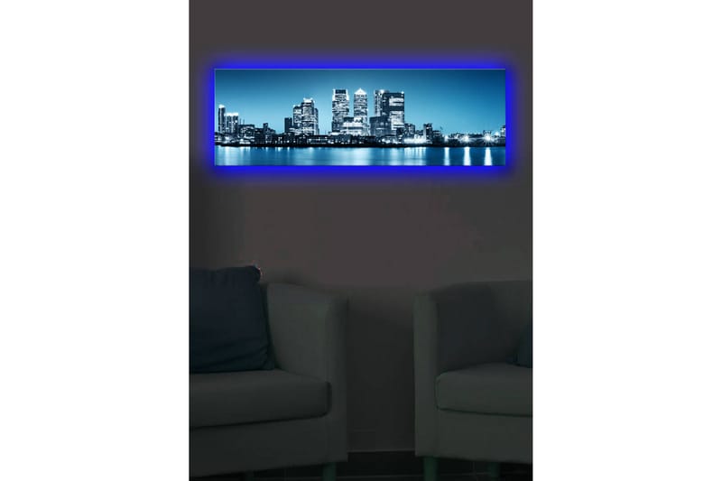 Lærredstryk med LED-belysning 30x90 cm - Byens skyline med moderne skyskrabere ved vandkanten - Blå / Sort / Hvid - Boligtilbehør - Billeder & kunst - Billeder på lærred