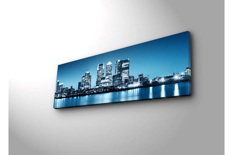 Lærredstryk med LED-belysning 30x90 cm - Byens skyline med moderne skyskrabere ved vandkanten - Blå / Sort / Hvid - Boligtilbehør - Billeder & kunst - Billeder på lærred