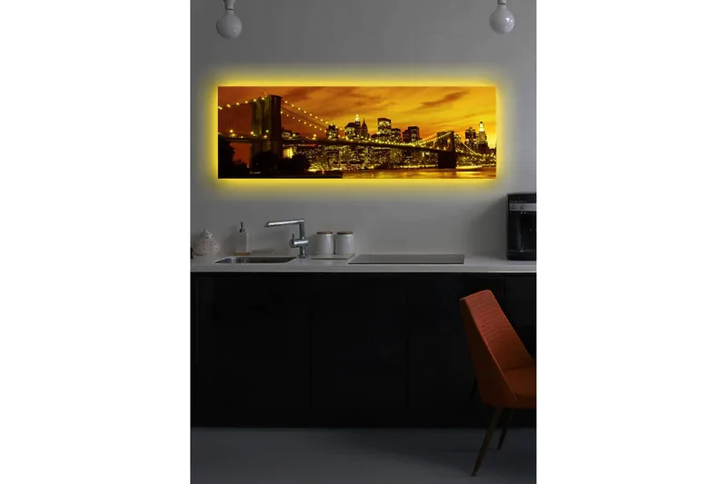 Lærredstryk med LED-belysning 30x90 cm - Bysilhuet med bro i solnedgangens gyldne lys - Guld / Sort / Orange - Boligtilbehør - Billeder & kunst - Billeder på lærred